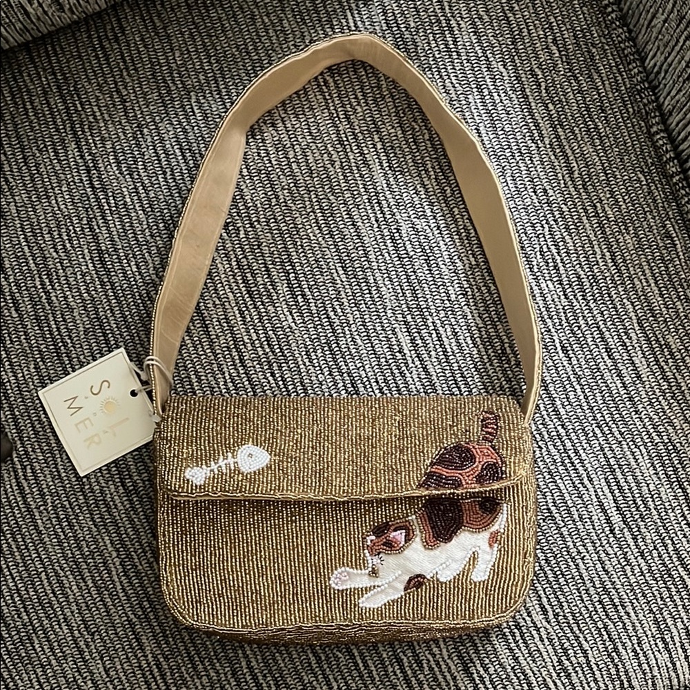 Gold Beaded Cat Embroidered Shoulder Bag